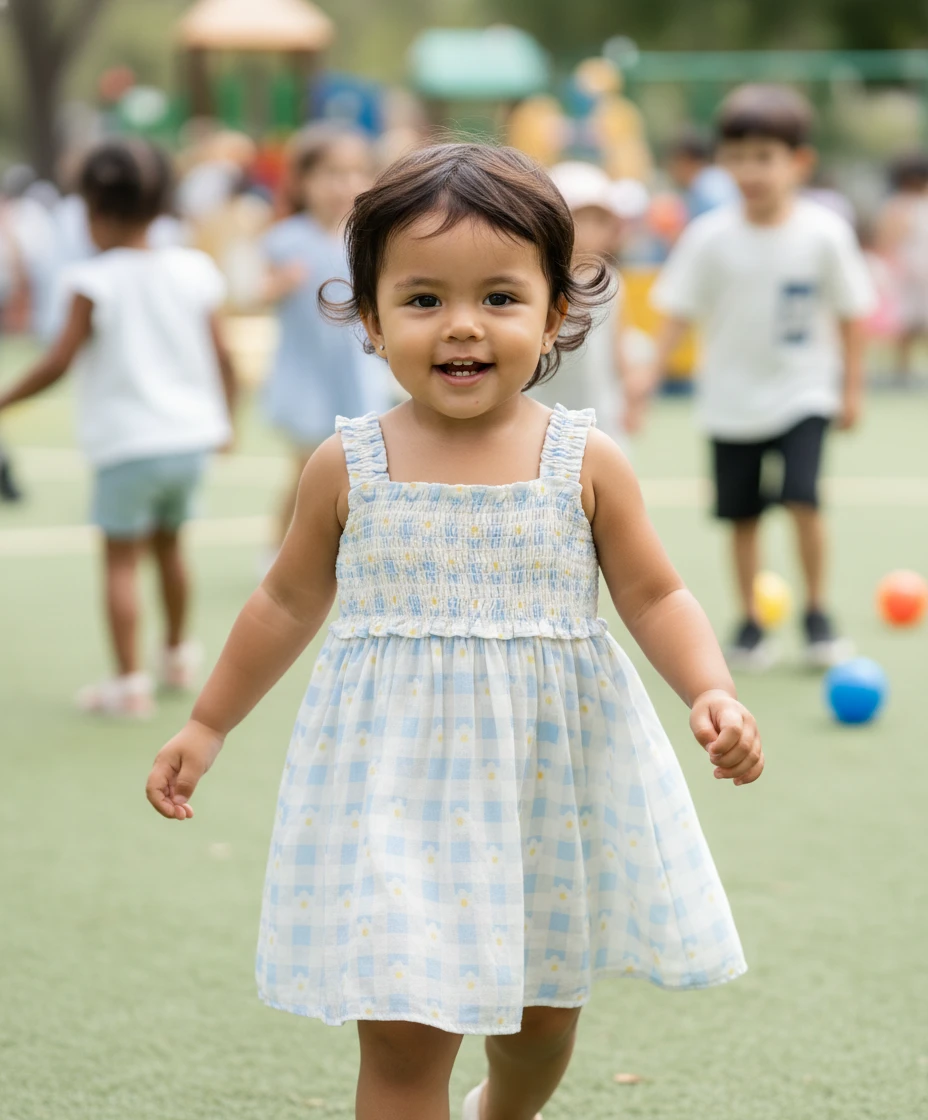 Toddler smiling while wearing a light blue and white gingham sleeveless dress with a smocked bodice on a playground.