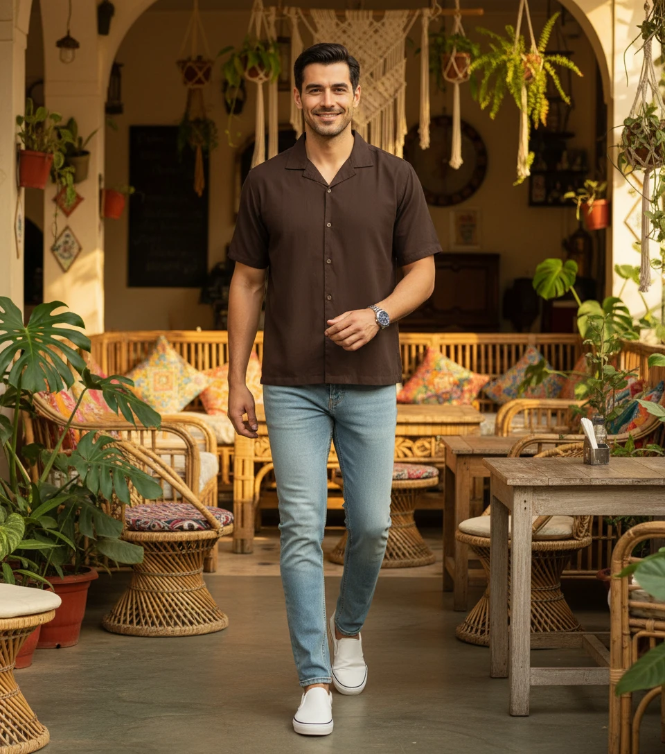 A smiling male model wearing a brown short-sleeve camp shirt and light wash jeans while walking.