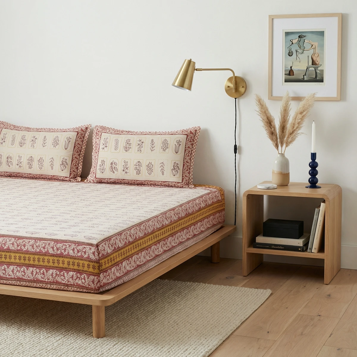 Kanika bed sheets featuring red and cream floral block print patterns on a low wooden frame with a matching nightstand.