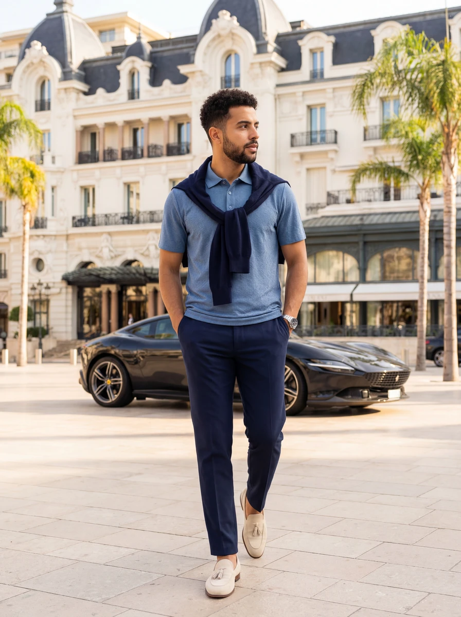 Man wearing a blue polo shirt, dark trousers, and beige loafers, walking in a European square.