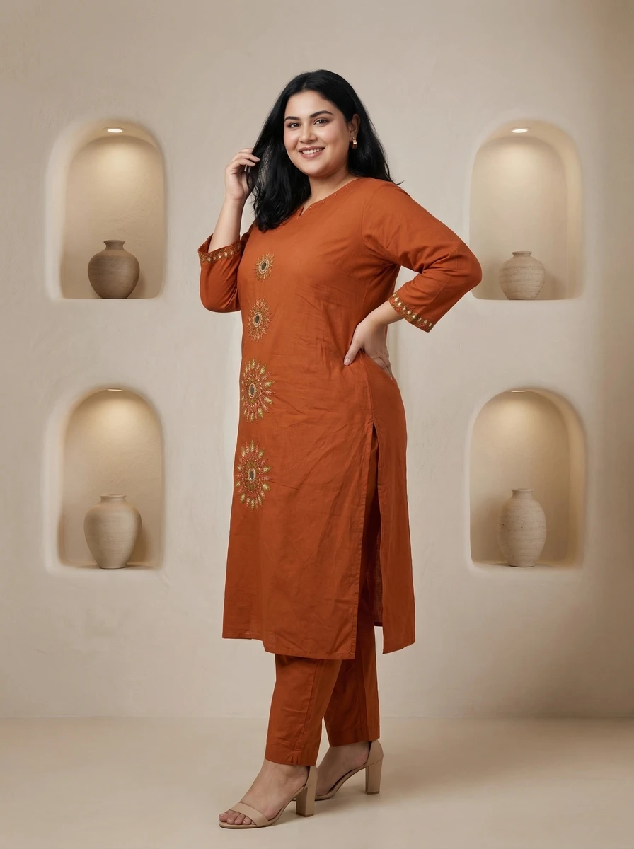 A woman wearing a rust orange embroidered kurta set with matching pants against a neutral arched wall background.