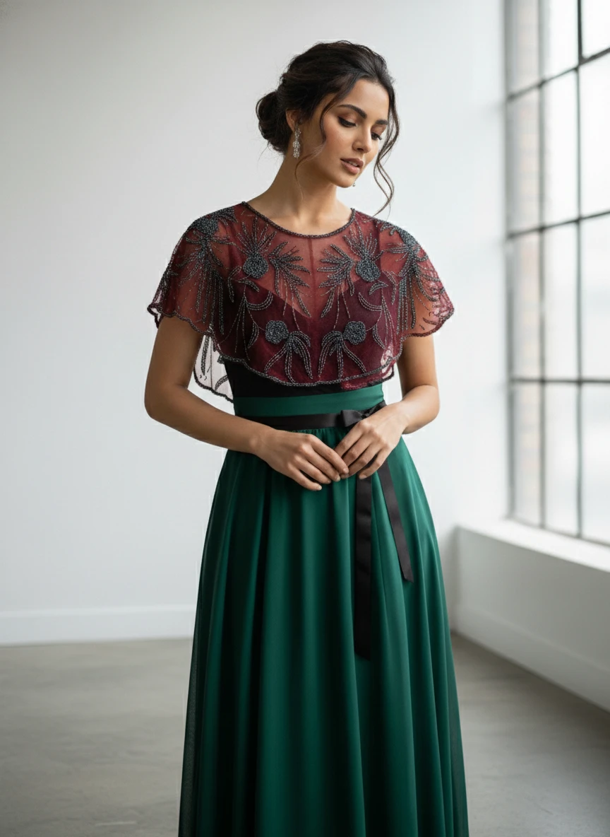 Model wearing a dark green long gown with a beaded sheer maroon capelet.