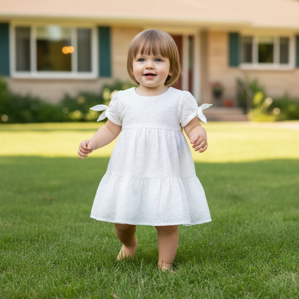 A young toddler wearing a white eyelet tiered dress walking barefoot on a green lawn in front of a house.