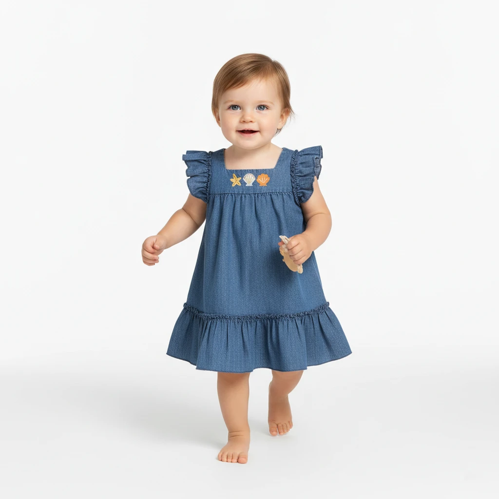 Toddler walking barefoot in a blue denim dress with ruffled sleeves and shell embroidery on a white background.