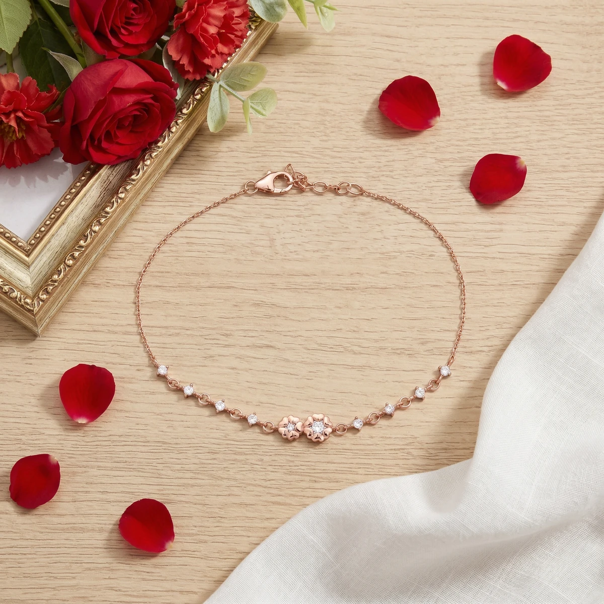 AI flat-lay photoshoot of a rose gold bracelet on a wooden surface, for a bracelet brand selling on marketplaces