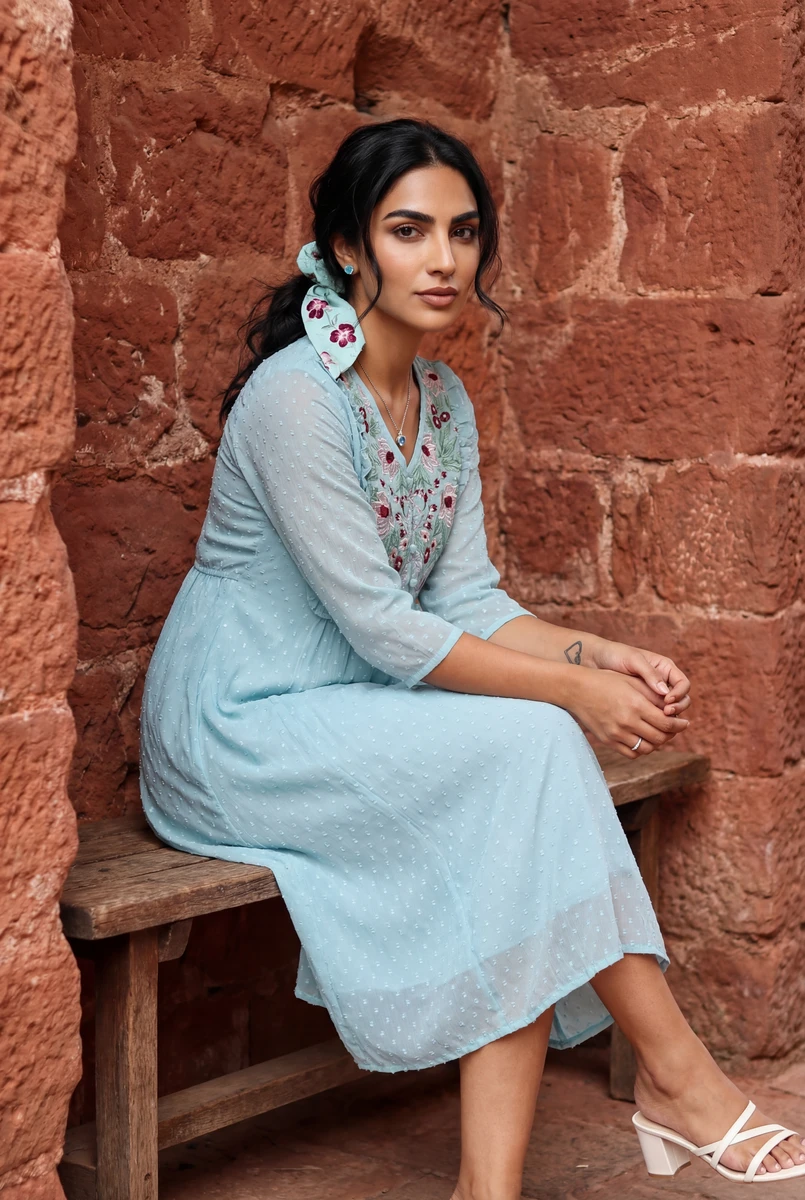 A woman in a light blue dotted midi dress seated on a wooden bench against a red brick wall.