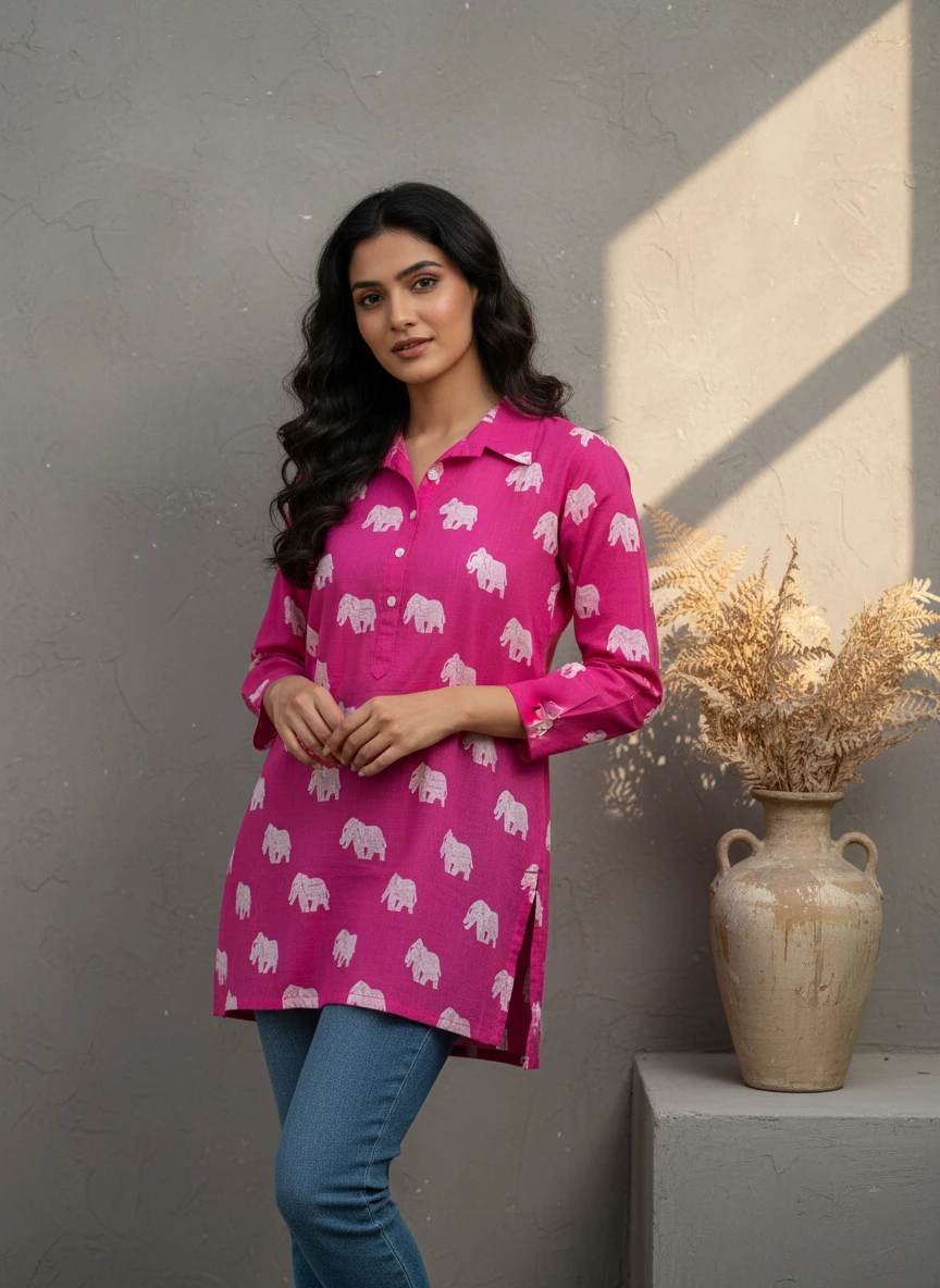 Woman wearing a bright pink tunic featuring white elephant prints and blue jeans.