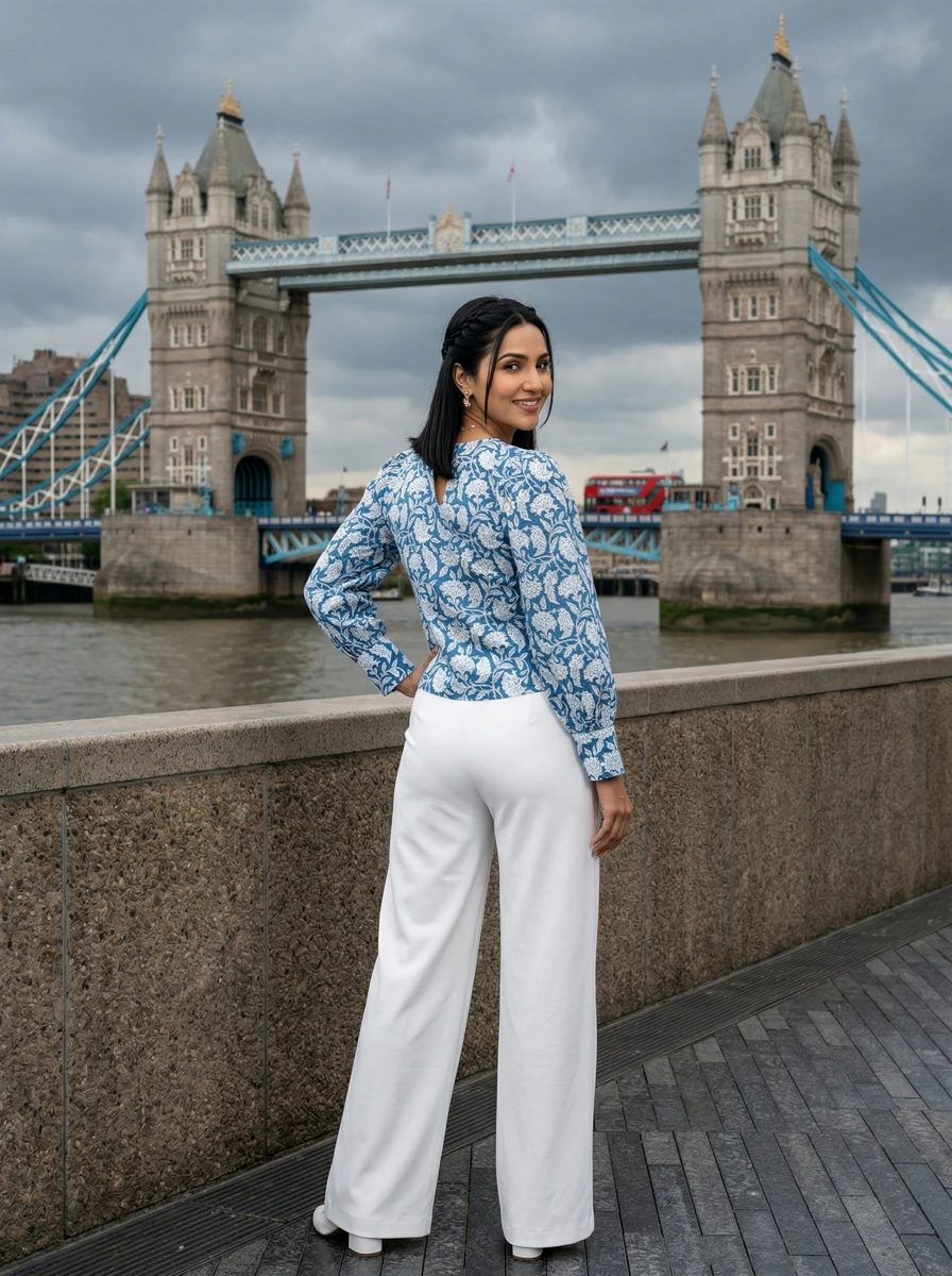Woman wearing a blue and white floral blouse and white pants, posing near Tower Bridge in London.