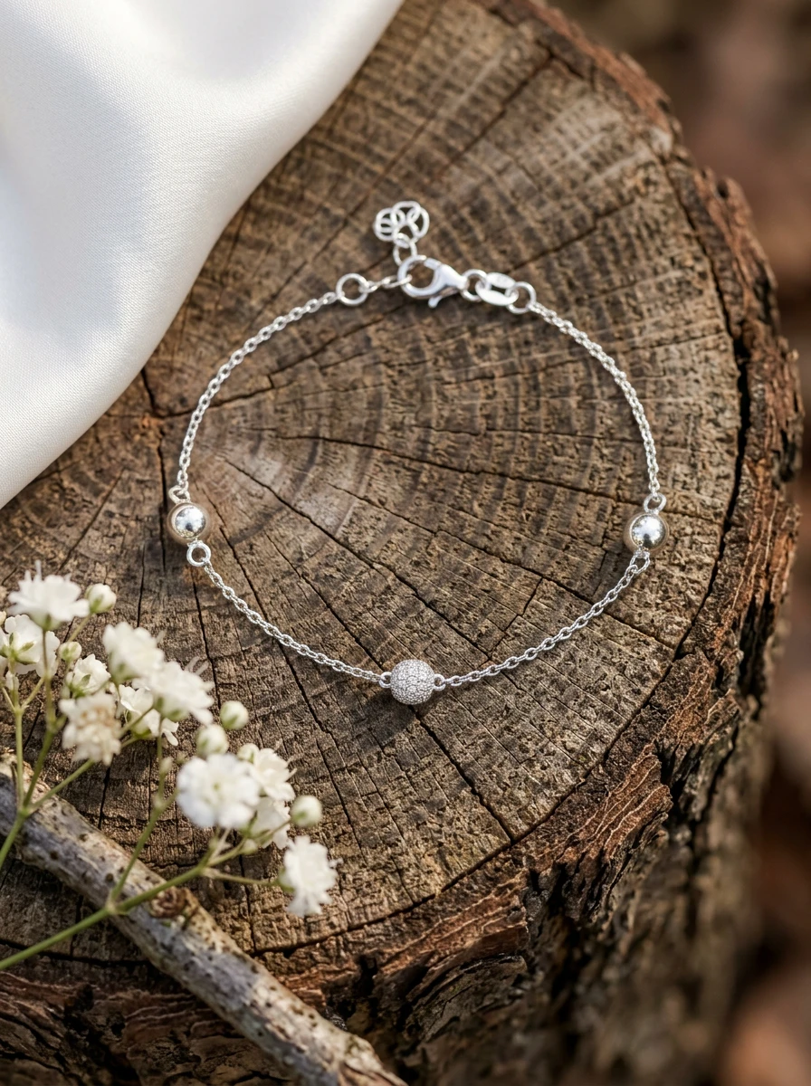 Indoor AI photoshoot of a silver charm bracelet on wood, for a bracelet brand selling on marketplaces