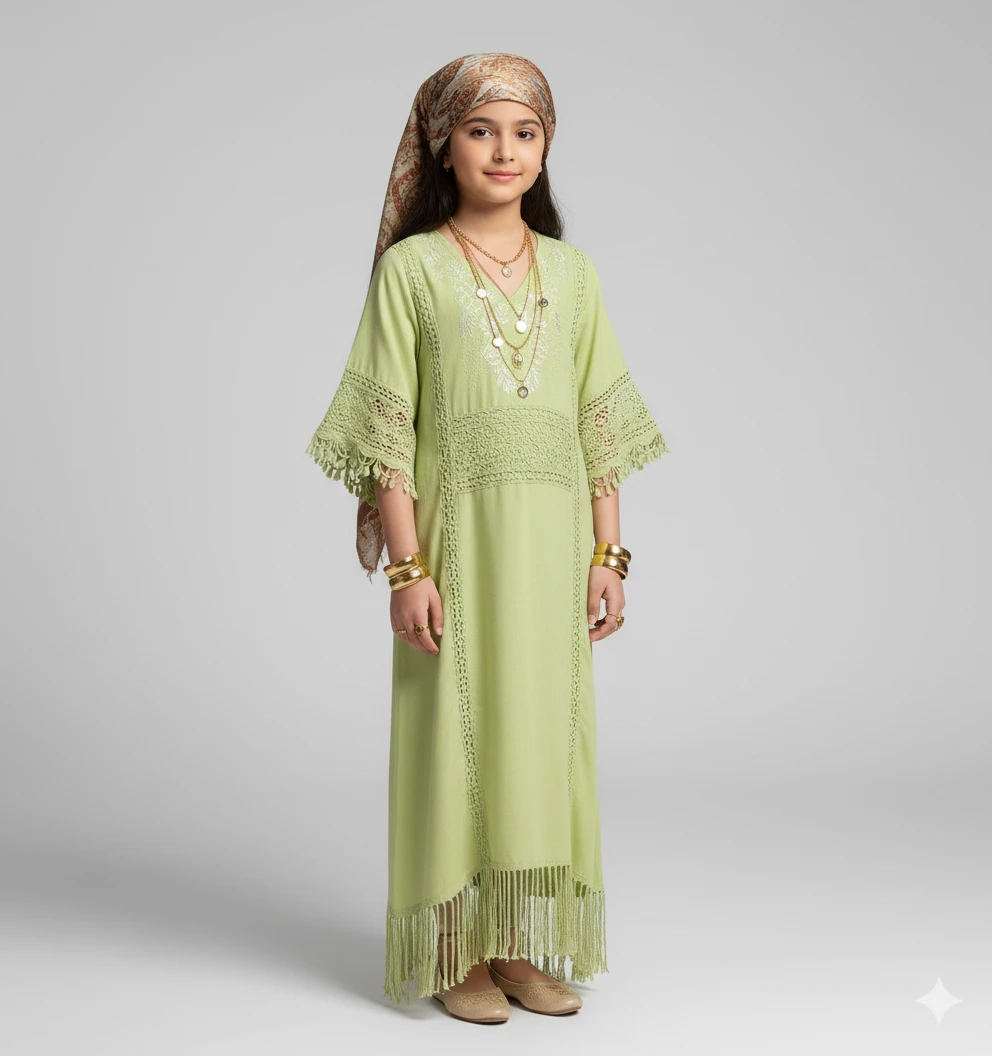 Young girl modeling a light green midi dress with lace panels, fringe hem, matching headscarf, and gold jewelry.