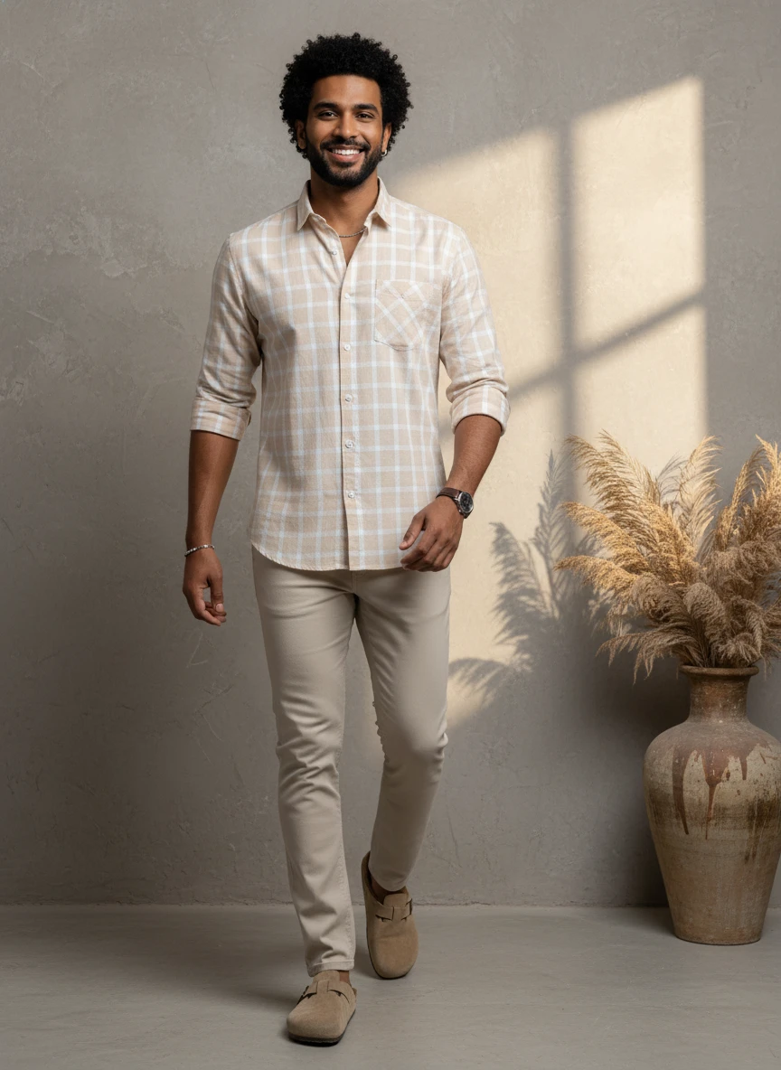 A smiling male model wearing a beige and white plaid button-down shirt and light trousers against a neutral wall.