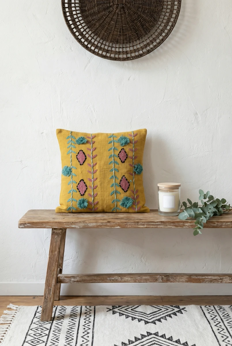Yellow cushion with embroidered diamond and vine patterns resting on a rustic wooden bench.