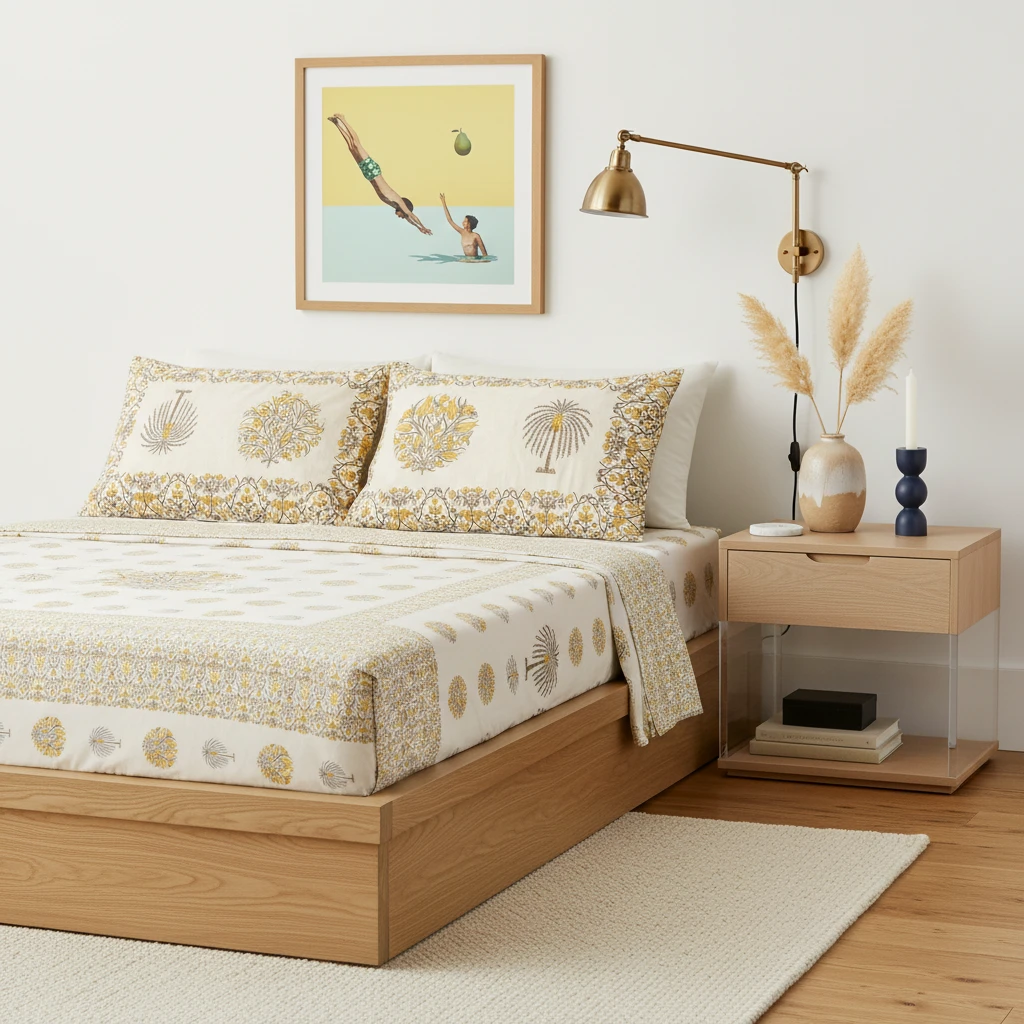 White bed sheets featuring a yellow and brown botanical pattern, styled on a wooden platform bed.