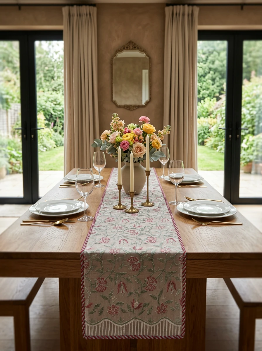 A decorative table runner with a pink and green floral embroidery pattern lies on a wooden dining table set for a meal.
