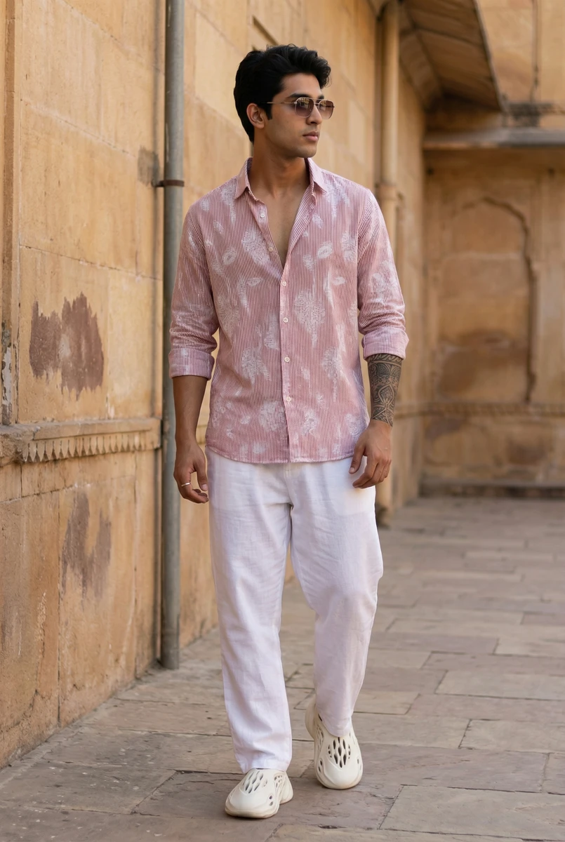 Man wearing a pink and white patterned long-sleeve shirt and white trousers while walking outdoors.