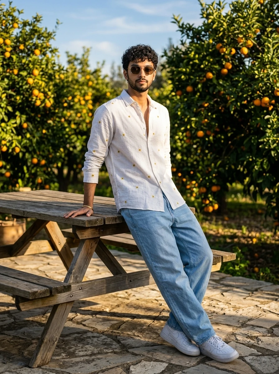A man wearing a white patterned shirt and blue jeans leans against a wooden table in an orchard.
