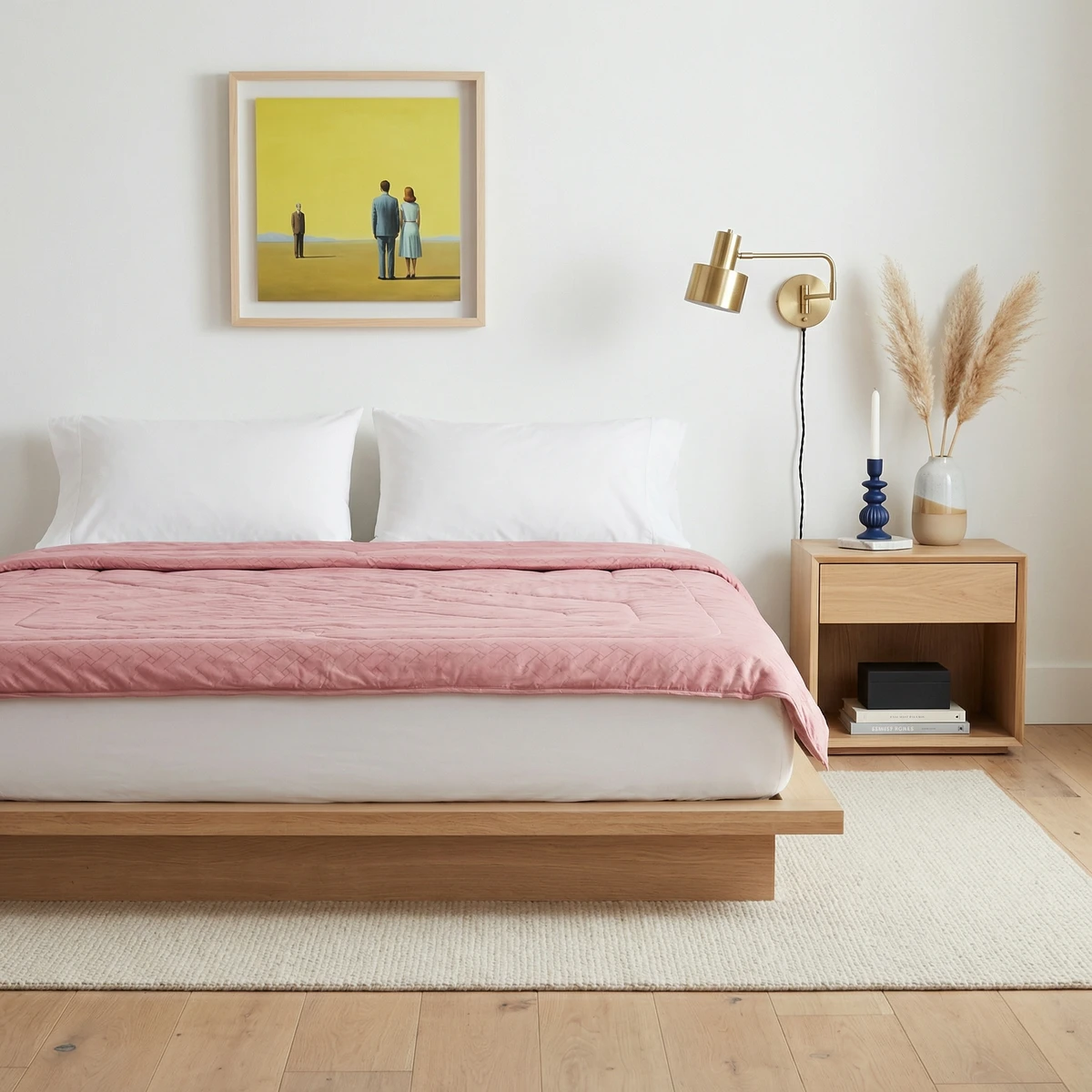 A pink quilted comforter on a wooden platform bed with white pillows in a minimalist bedroom.
