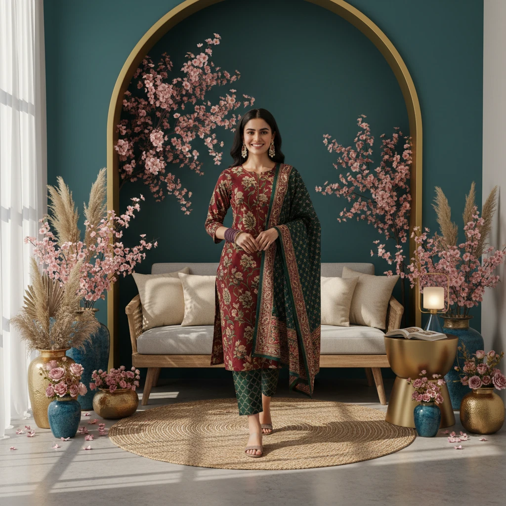 Woman wearing a maroon floral kurta set with green patterned trousers and a matching dupatta, standing in a floral room.