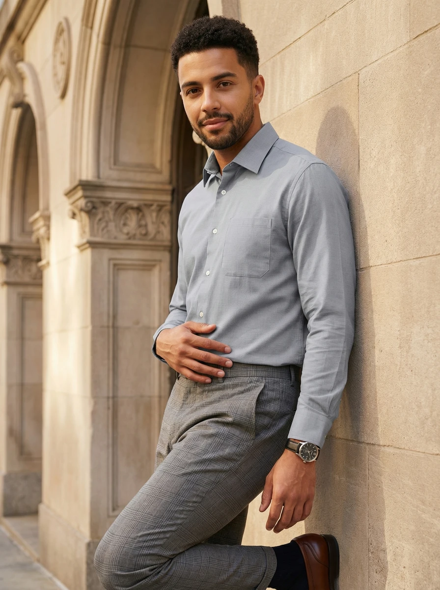 A man wearing a grey long-sleeve button-down shirt and plaid trousers leans against a stone building outdoors.