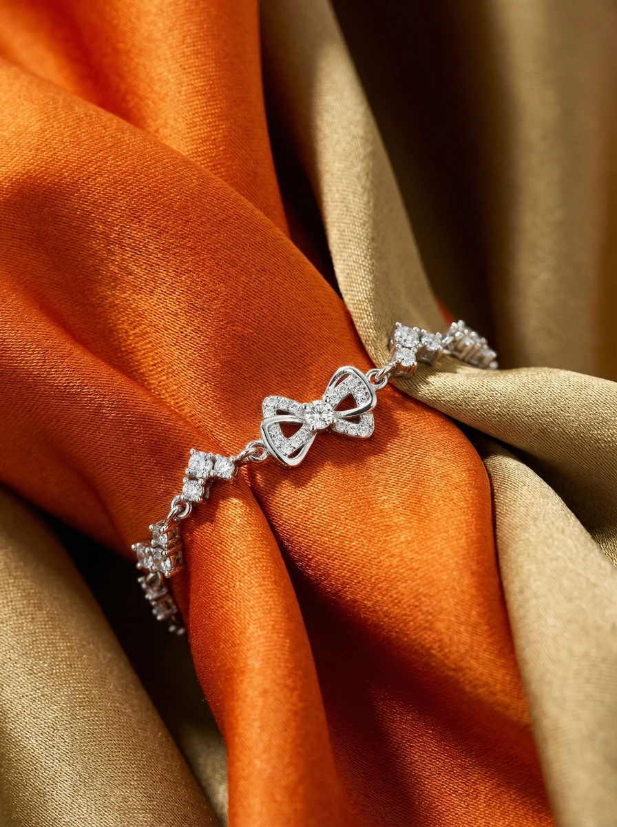 Studio AI photoshoot of a crystal bow bracelet on draped fabric, for a bracelet brand selling on marketplaces