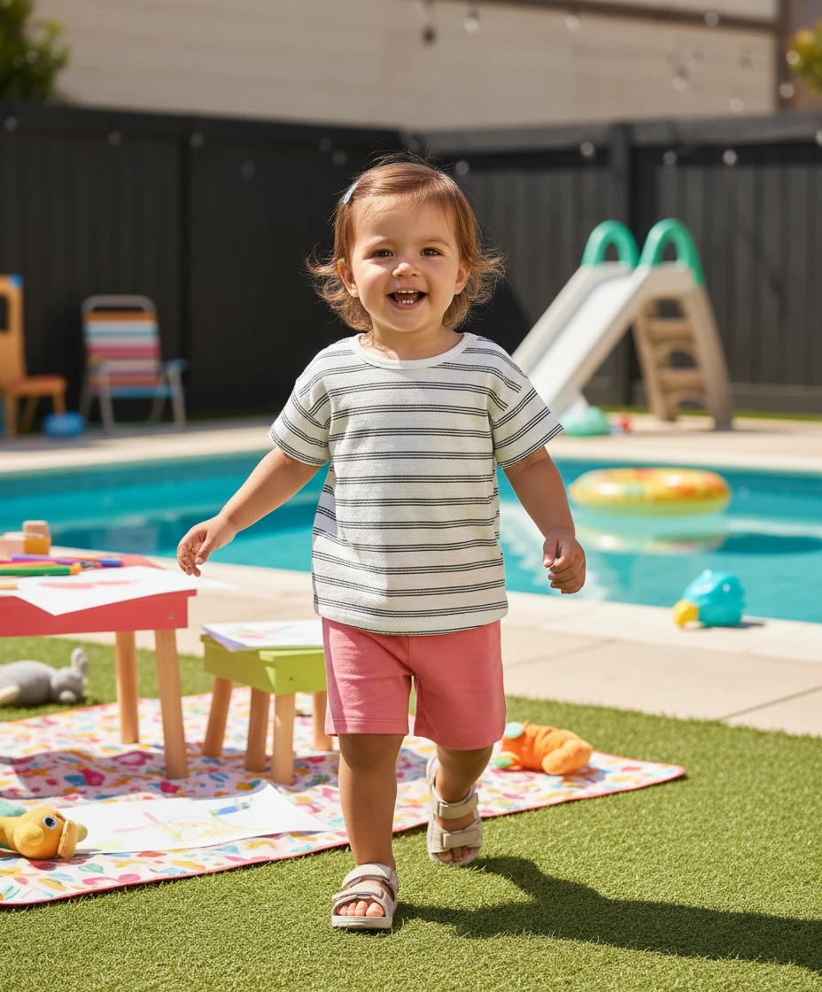 A smiling toddler walking outdoors by a swimming pool, wearing a striped short-sleeve shirt and pink shorts.
