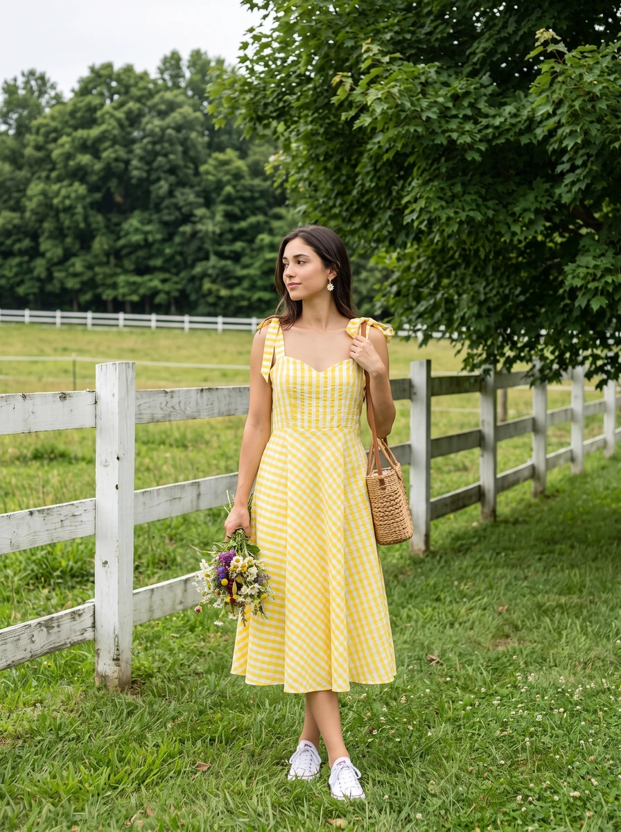 Woman in a yellow gingham midi dress holding wildflowers near a white fence.