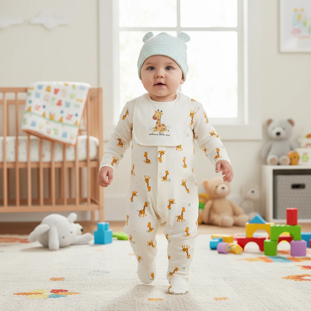 Baby in giraffe print footed sleeper, matching bib, and blue gingham bear ear hat, standing in a brightly lit nursery.