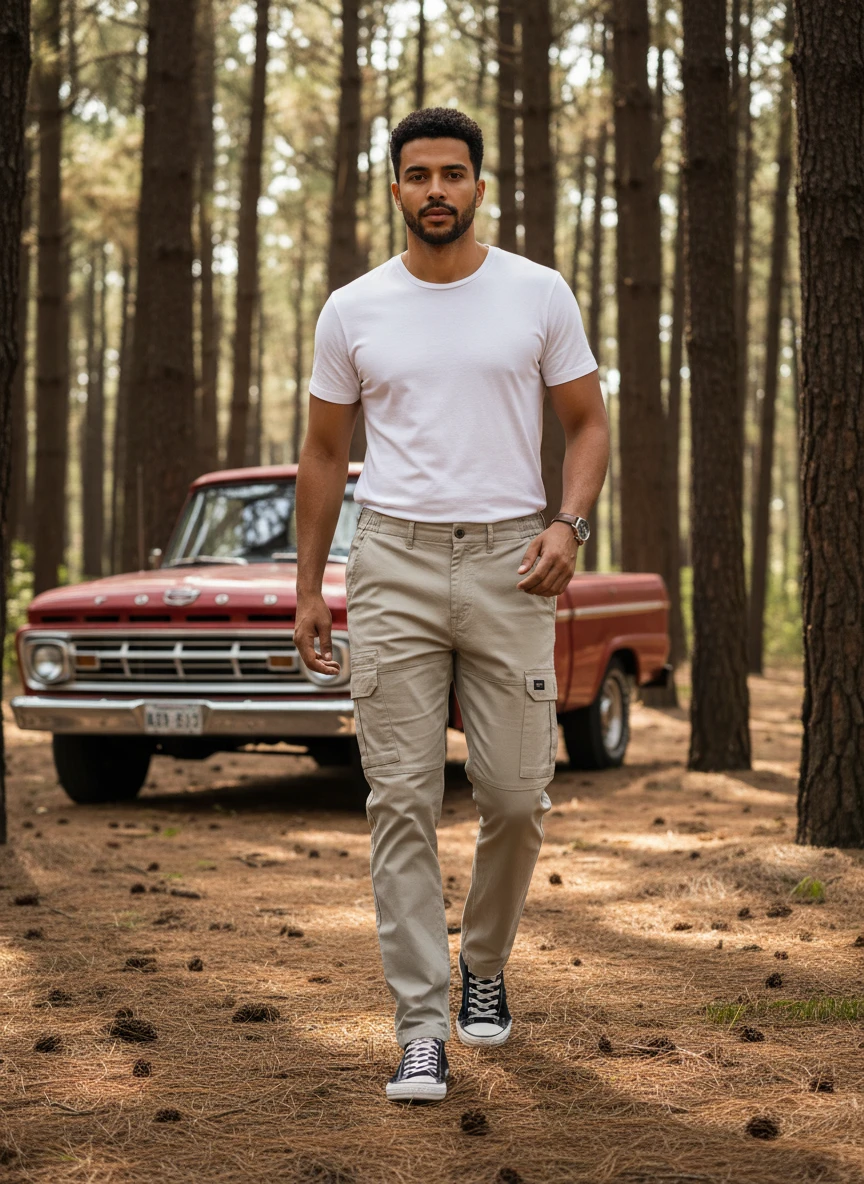 Man wearing a white t-shirt and beige cargo pants walking in a forest in front of a vintage red pickup truck.