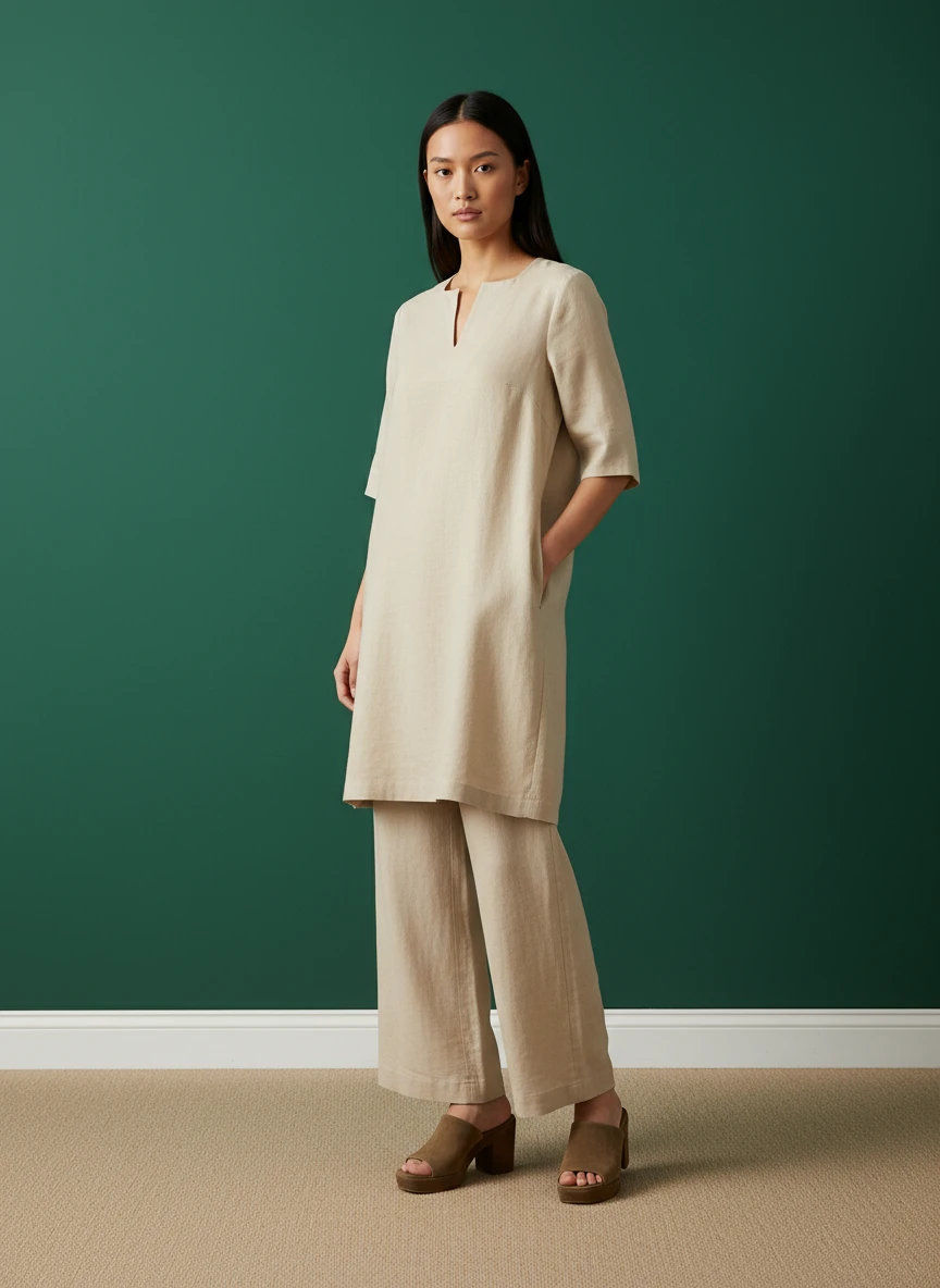 Woman wearing a beige linen tunic and matching wide-leg trousers against a dark green wall, standing in studio lighting.