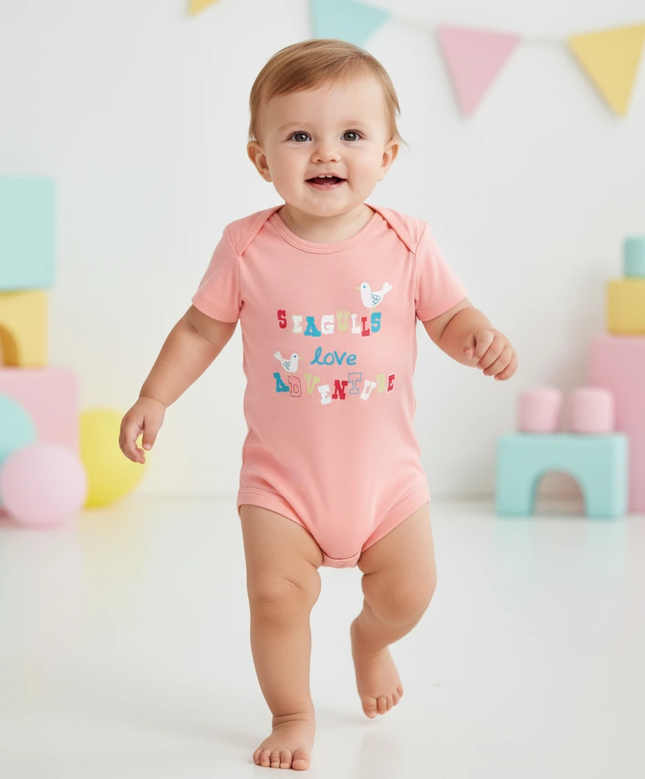 A smiling baby wears a short-sleeve pink bodysuit with colorful text and bird graphics, standing in a playroom with pastel blocks.