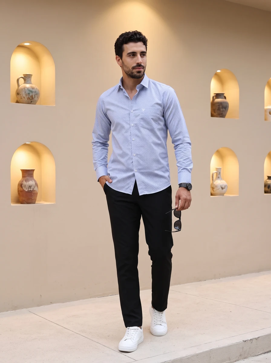 Man standing wearing a long-sleeved light blue patterned button-up shirt and black trousers with white sneakers.