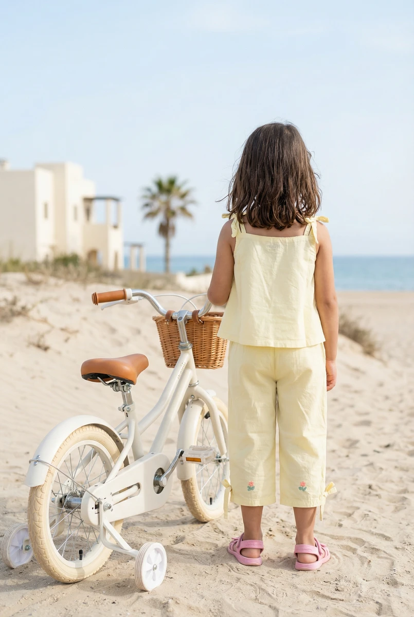 Young child in pale yellow top and matching trousers stands on a sandy beach next to a bicycle.