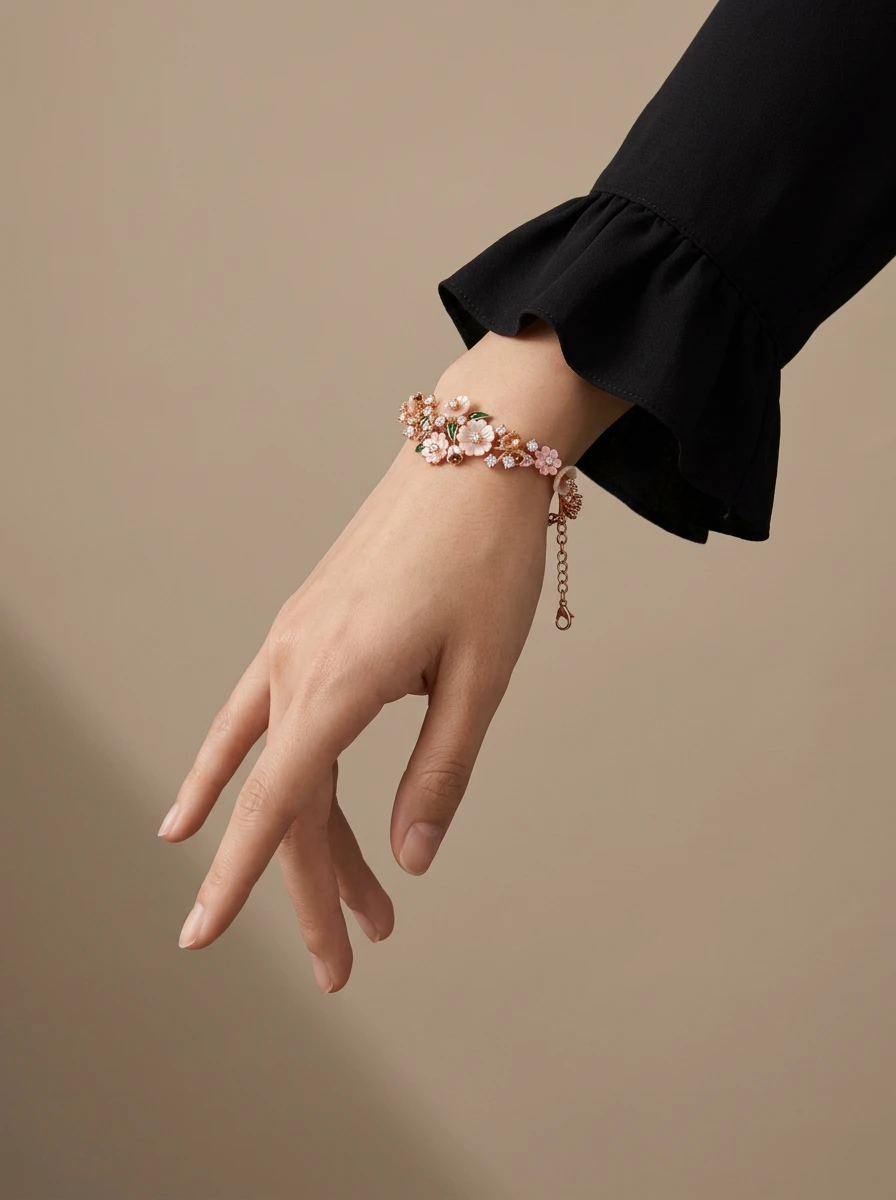 Studio AI photoshoot on a model of a floral bracelet on a wrist, for a bracelet brand selling on marketplaces