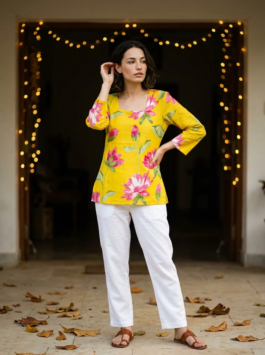 Woman wearing a yellow floral long-sleeve top and white trousers, standing in a doorway adorned with fairy lights.