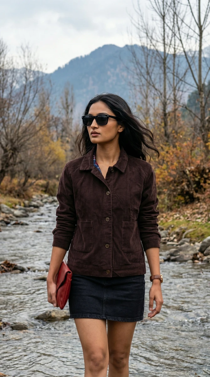 Model wearing a brown corduroy jacket and black denim skirt, standing by a mountain stream.
