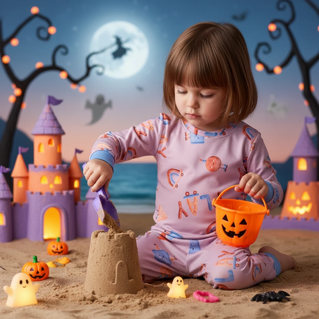 Young child in long-sleeve pink patterned pajamas playing with sand and a jack-o-lantern bucket on a beach at night.