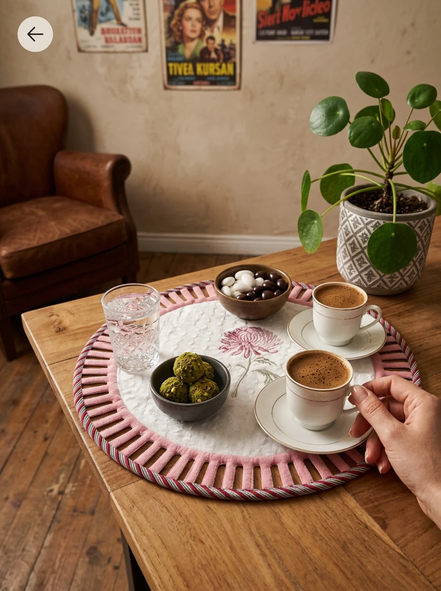 A hand holds a coffee cup on a round white placemat with a pink patterned border and floral embroidery on a wooden table.