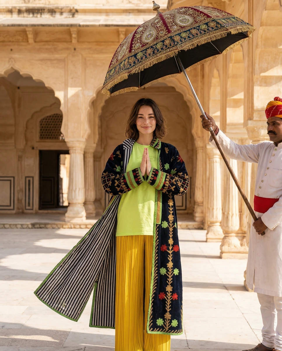 Woman wearing an embroidered velvet coat over a bright top and yellow pleated pants, posing in a courtyard.