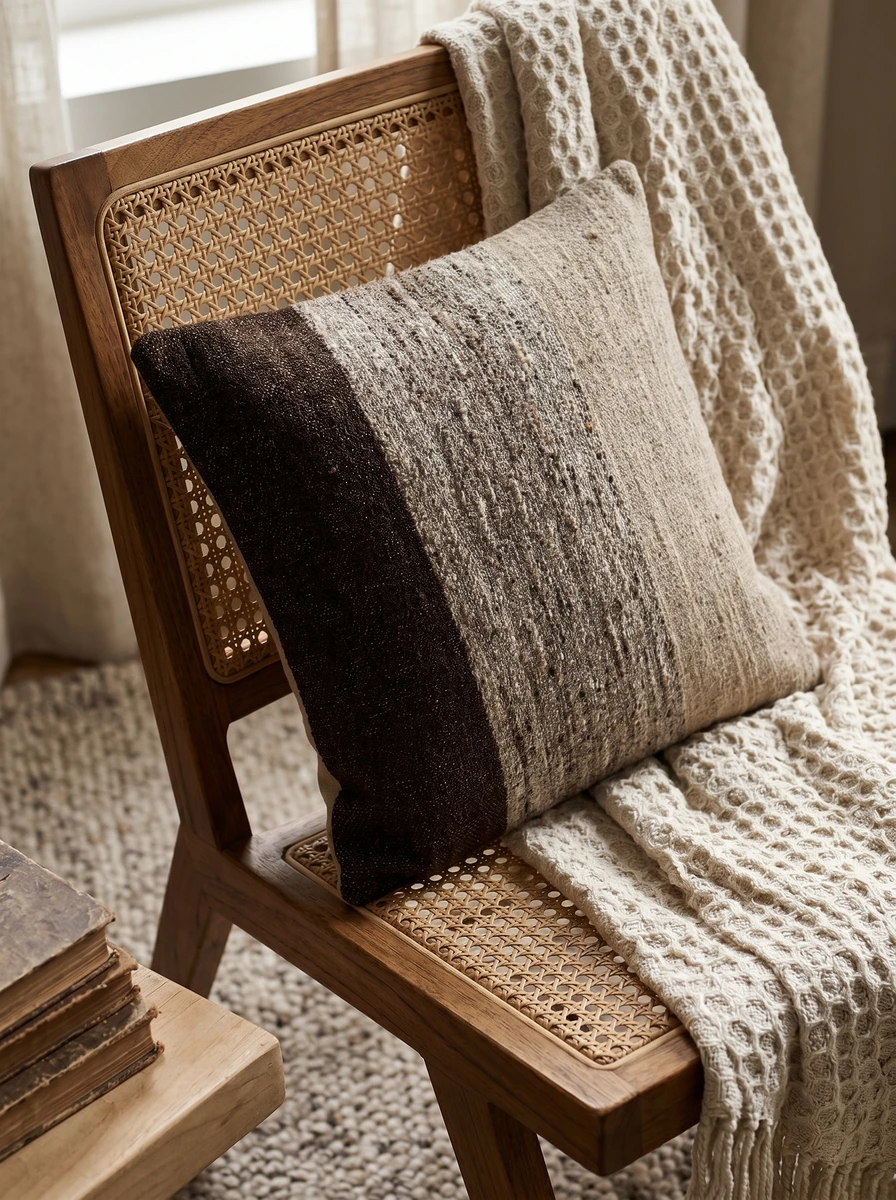 Textured brown and beige striped cushion rests on a wooden cane chair with a knit throw blanket.