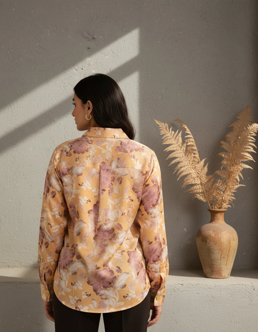 Woman wearing a yellow long-sleeve floral shirt and dark trousers against a grey wall with a vase.