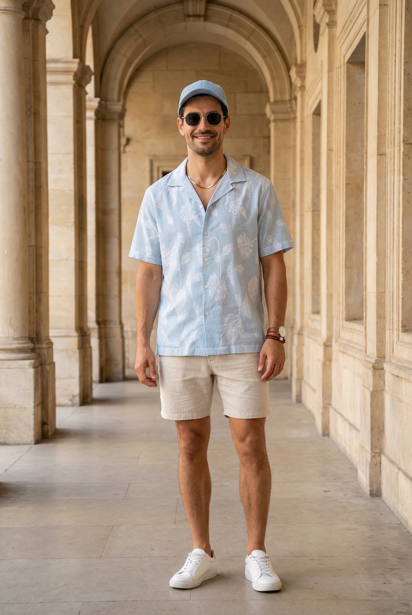Man standing in an arched stone corridor wearing a light blue tropical print short sleeve shirt and beige shorts.