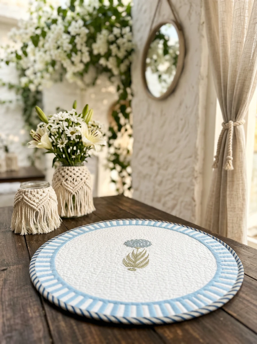 Round quilted table mat with blue and white stripes and a central floral motif on a wooden table.