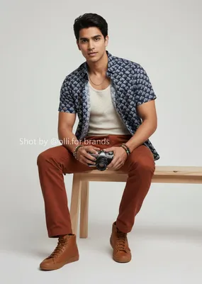 Navy Printed Shirt and Rust Trouser men's wear lookbook image.