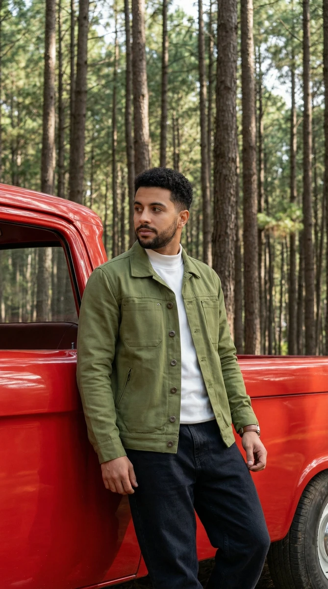 Green Utility Jacket men's wear lookbook image.