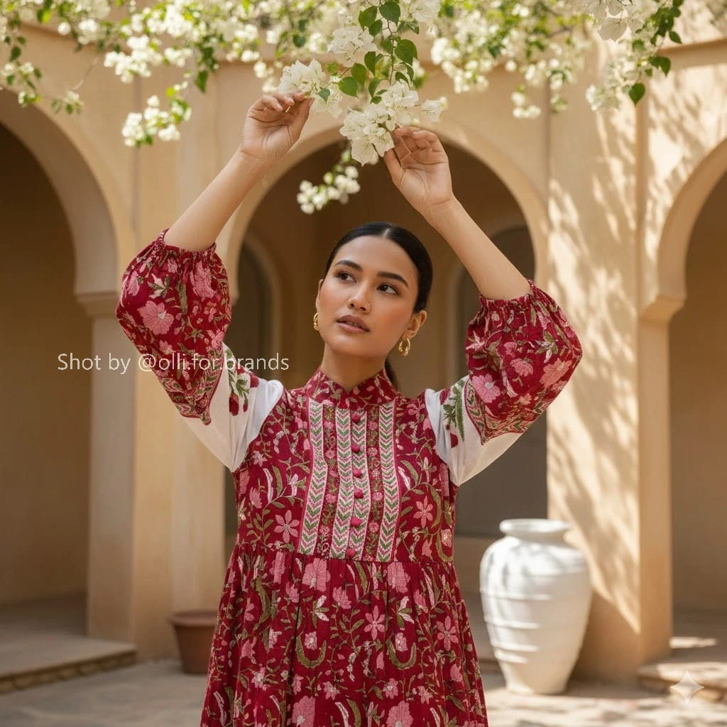 Red Embroidered Kurta women's wear lookbook image.