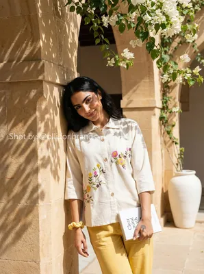 Ivory Embroidered Shirt and Mustard Trouser women's wear lookbook image.