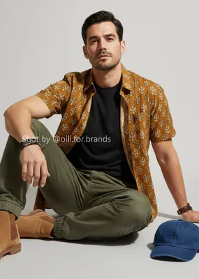 Mustard Resort Shirt and Olive Trouser men's wear lookbook image.