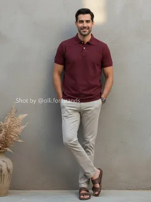 Maroon Polo and Cream Trouser men's wear lookbook image.